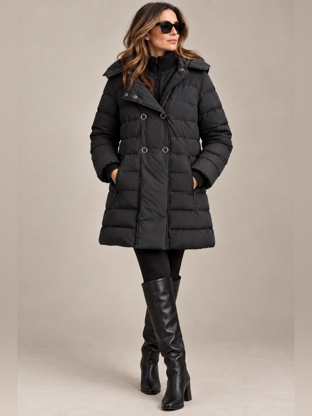 Soia & Kyo Black Down Puffer Coat M Hooded Double Front